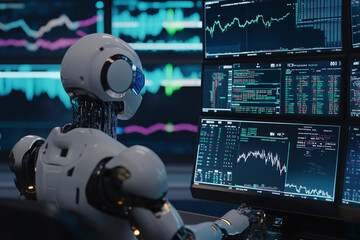 Poster - robot is standing in front of a computer monitor with a lot of numbers on it. The robot is looking at the screen and he is focused on the data. Concept of technology and automation