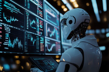 Aufkleber - robot is sitting at a computer desk with several monitors displaying financial data. The robot appears to be focused on the screens. Concept of technology and efficiency