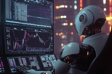Aufkleber - robot is sitting at a computer desk with several monitors displaying financial data. The robot appears to be focused on the screens. Concept of technology and efficiency
