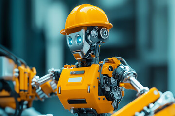  robot in a yellow helmet is standing in front of a building. The robot is wearing a hard hat and he is working on a construction site