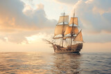 Ancient carrack sailing ship navigating calm ocean at sunset