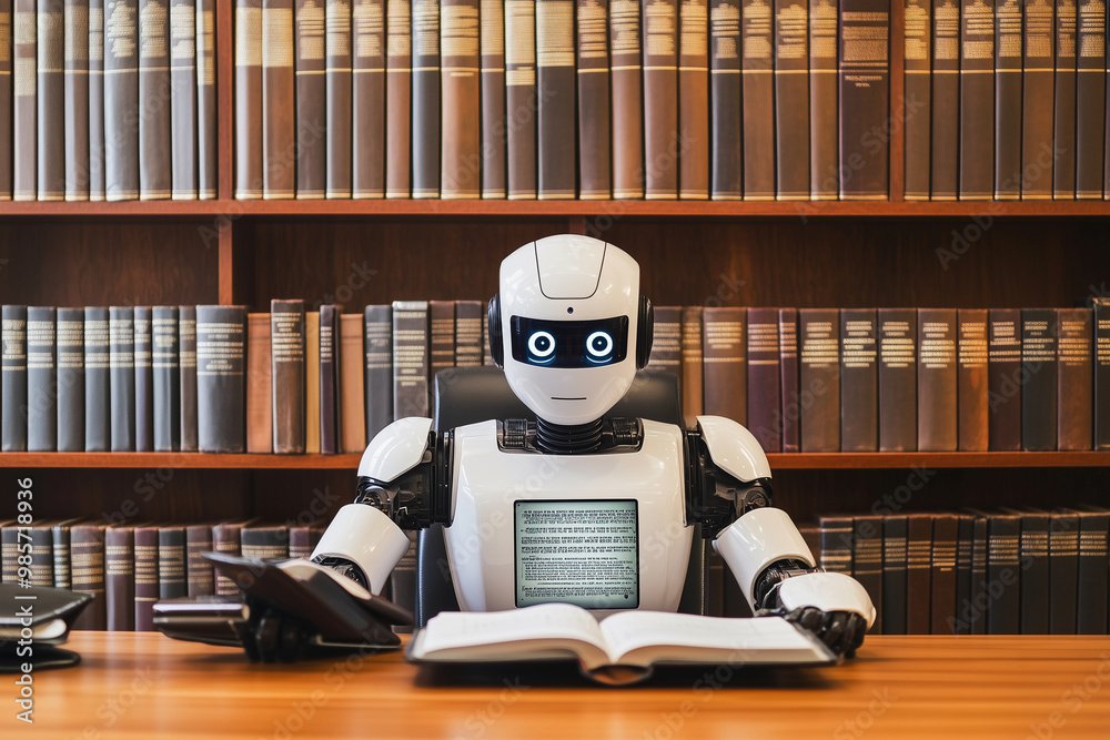 robot is sitting at a desk with a book in front of it. The robot ...