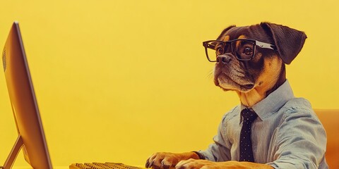 Wall Mural - Cool dog in a shirt and tie working at a computer on a yellow background. 