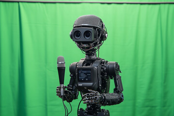 Poster - robot is holding a microphone and is wearing a white helmet. The robot is standing in front of a green background