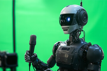 Poster - robot is holding a microphone and is wearing a white helmet. The robot is standing in front of a green background