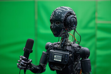 Poster - robot is holding a microphone and is wearing a white helmet. The robot is standing in front of a green background