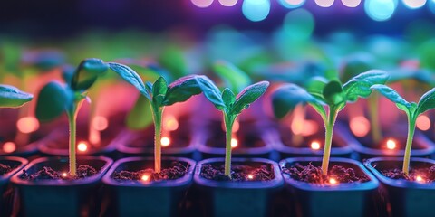Wall Mural - close-up of young plant seedlings with glowing lights, symbolizing growth, technology, and innovatio