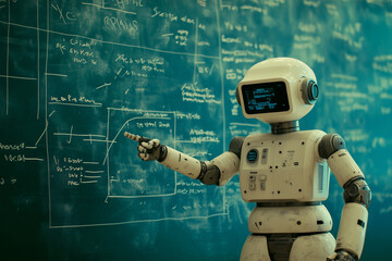 Aufkleber - robot is pointing at a blackboard with math equations on it. The robot is white and blue