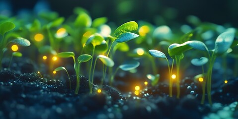 Wall Mural - close-up of young plant seedlings with glowing lights, symbolizing growth, technology, and innovatio