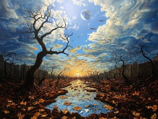 Wall Mural - A vibrant landscape depicting a serene sunset over a reflective river, framed by trees and scattered autumn leaves.