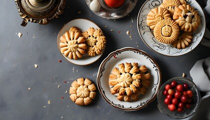 Wall Mural - Joyful Purim celebration with traditional cookies and pastries on a stylish grey backdrop