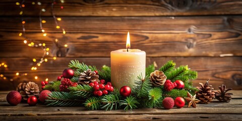 Poster - Festive candle with decorations on wooden background in falling snow, perfect for advent and Christmas
