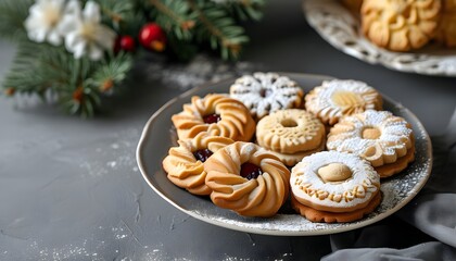 Wall Mural - Joyful Purim celebration with traditional cookies and pastries on a stylish grey backdrop