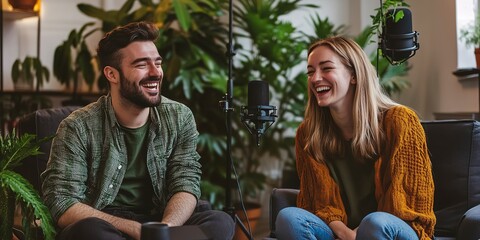 Poster - Cheerful man and woman share a laugh while recording a podcast in a studio filled with plants and modern decor