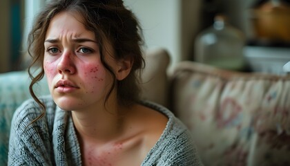 Wall Mural - Young Woman Experiencing Gastritis and Stomach Pain, Highlighting Inflammation and Discomfort in a Home Setting