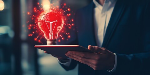 Businessman holds an iPad with a red glowing light bulb scattered with innovation ,creative idea concept 