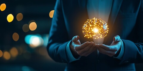 Poster - Business professional holding a glowing digital brain innovation in technology. 