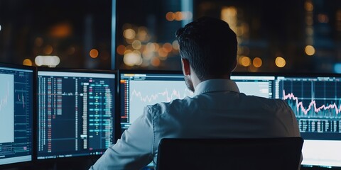 Canvas Print - Business man trader big data analyst looking at computer monitor, stock broker analysing indexes, financial chart trading online on screen 