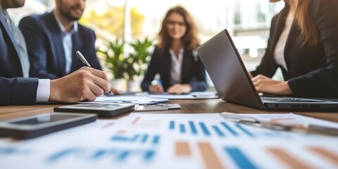 Poster - At a meeting, a group of businesspeople brainstorms about current finance and the economy on the firm investment laptop