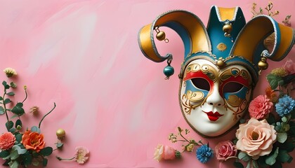 Canvas Print - Playful Purim Celebration with Carnival Masks and Traditional Judaica on Soft Pink Canvas