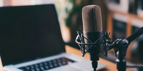 Poster - An educational podcast setup, with microphone and laptop ready for recording 