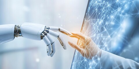 Poster - AI, Machine learning, Hands of robot and human touching on big data network connection background, Science and innovation and futuristic 