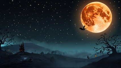 A witch on a broom flies past a bright, orange full moon in a mysterious night scene, with a haunted castle and eerie trees completing the Halloween atmosphere