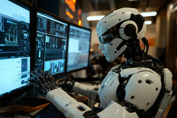 Poster - robot is sitting in front of a computer monitor with a blue screen. The robot is wearing a helmet and has a white body. The robot appears to be working on a computer