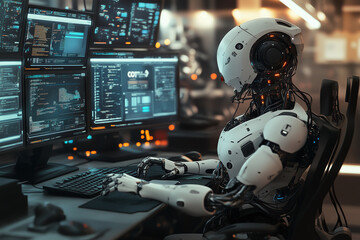 Poster - robot is sitting in front of a computer monitor with a blue screen. The robot is wearing a helmet and has a white body. The robot appears to be working on a computer