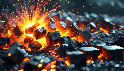 Wall Mural - Intense explosion of charcoal briquettes showcasing the raw power of combustion and the vibrant energy of fuel resources