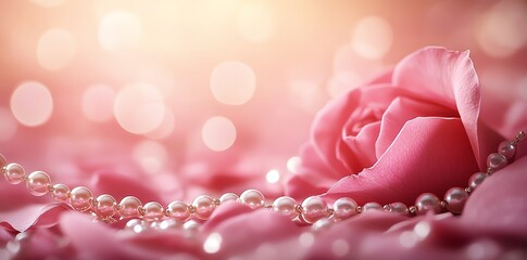 Wall Mural - a delicate pearl necklace rests on a soft pink rose petal, creating a romantic and elegant scene.