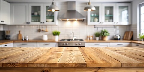 Poster - Wood table top with kitchen room background blurred in the background