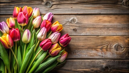 Wall Mural - A beautiful arrangement of spring tulips on a rustic wooden background