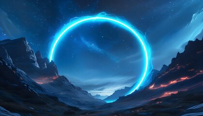 Wall Mural - Celestial Scene of Swirling Blue Neon Ring Above Rugged Mountains Beneath a Captivating Starlit Sky