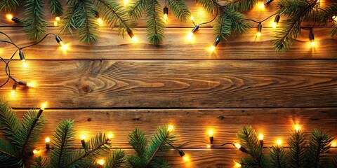 Poster - Wooden surface with Christmas tree lights glowing beneath, creating a warm and festive atmosphere