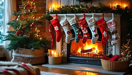 Wall Mural - Cozy holiday scene with stockings on a decorated fireplace, glowing fire, and festive decorations, capturing the warmth of family gatherings and seasonal cheer