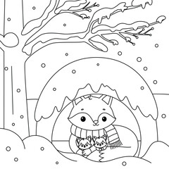 Wall Mural - Cozy fox den with foxes peeking out cartoon coloring page. Christmas and Winter Illustration