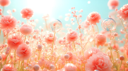 Ethereal Garden of Coral Peonies and Glass Spheres | A Dreamy, Ethereal Landscape