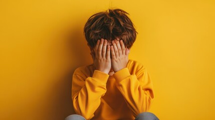 Boy Sitting with Hands Over Face Against Yellow Background