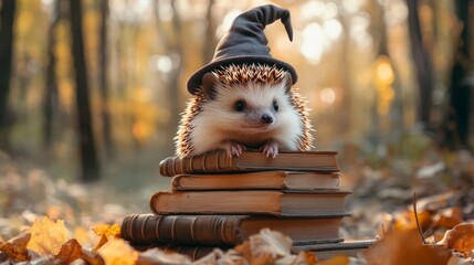 Hedgehog in a Witch's Hat Reading Books in the Autumn Forest.