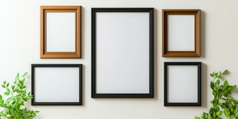A minimalistic gallery wall with five blank frames in various sizes and colors, creating a contemporary and modern design element.