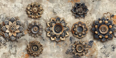 Wall Mural - Seamless texture of handdrawn mandalas in intricate designs arranged in a repeating pattern on a soft neutral background