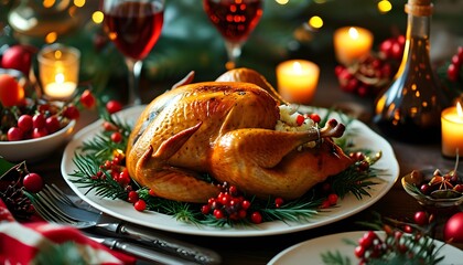 Elegant holiday dinner table adorned with roasted turkey, seasonal dishes, wine glasses, and warm candlelight, creating a festive atmosphere for celebration