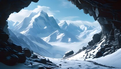 Wall Mural - Cave Silhouette Gazing at Majestic Snow-Capped Mountains in an Enchanting Fantasy Journey