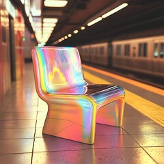 Sticker - A single iridescent chair sits on a subway platform.