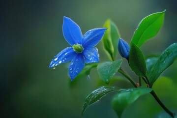 Vivid blue star flower with morning dew drops