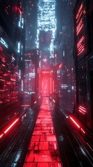 A futuristic, cyberpunk-inspired alleyway with glowing red and white neon lights.