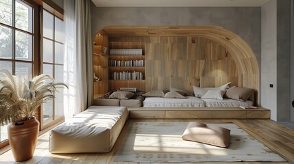 Wall Mural - Serene Scandinavian interior with minimalist decor featuring light wooden textures and a cozy reading nook