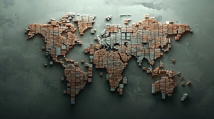 Poster - A world map divided by tall brick walls, preventing goods from flowing between nations, trade wall, economic protectionism