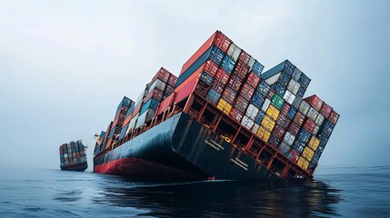 Poster - Cargo ships stranded in the ocean, unable to dock due to trade restrictions, maritime trade barrier, shipping crisis
